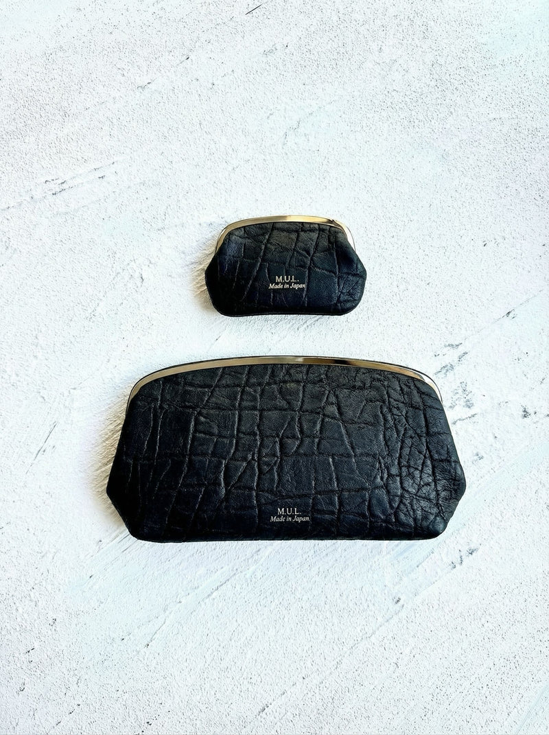 【限定】501.がま口ウォレットセット　ブラック　エレファント型押し　シルバー金具　MUL159