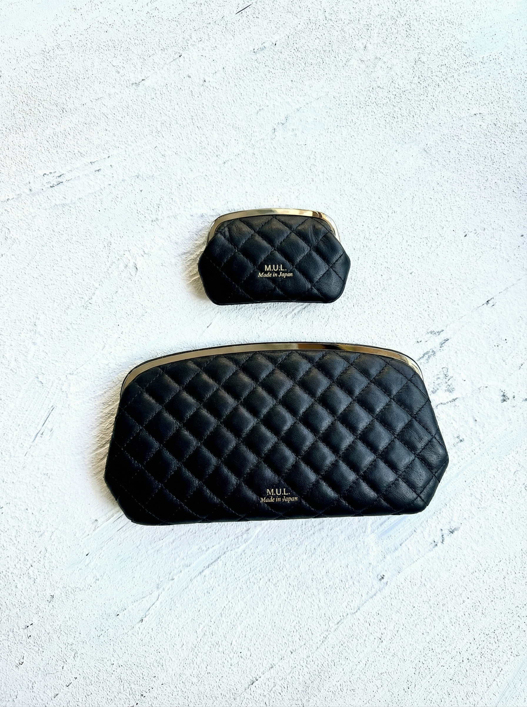 【限定】502.がま口ウォレットセット　ブラック　キルト型押し　シルバー金具　MUL159