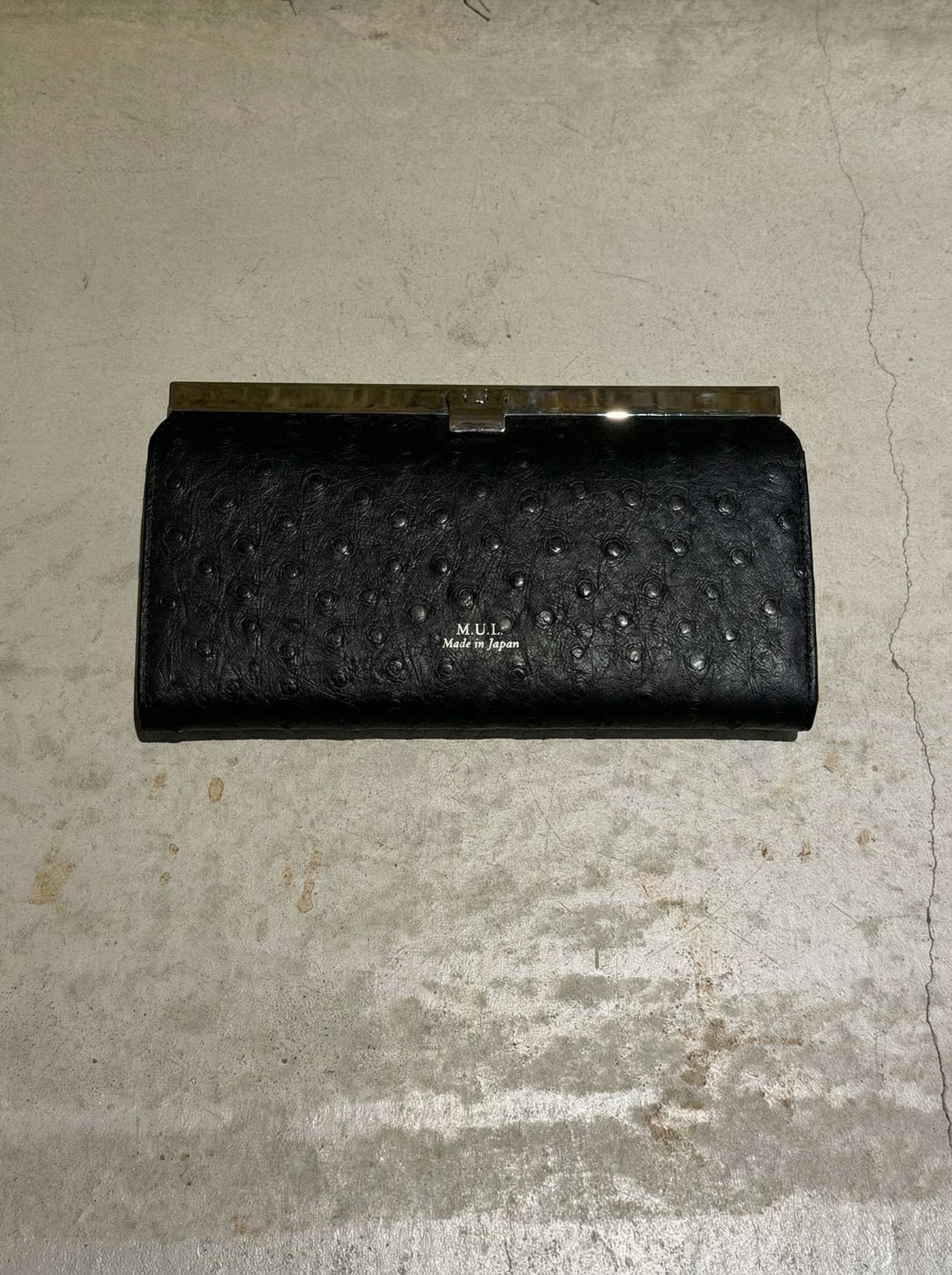 【限定】504.クロスバーロングウォレット　ブラック　オーストリッチ型押し　シルバー金具　MUL161