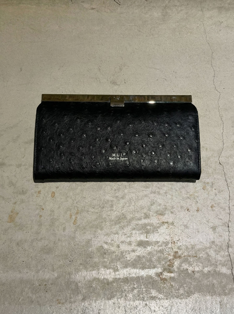 【限定】504.クロスバーロングウォレット　ブラック　オーストリッチ型押し　シルバー金具　MUL161