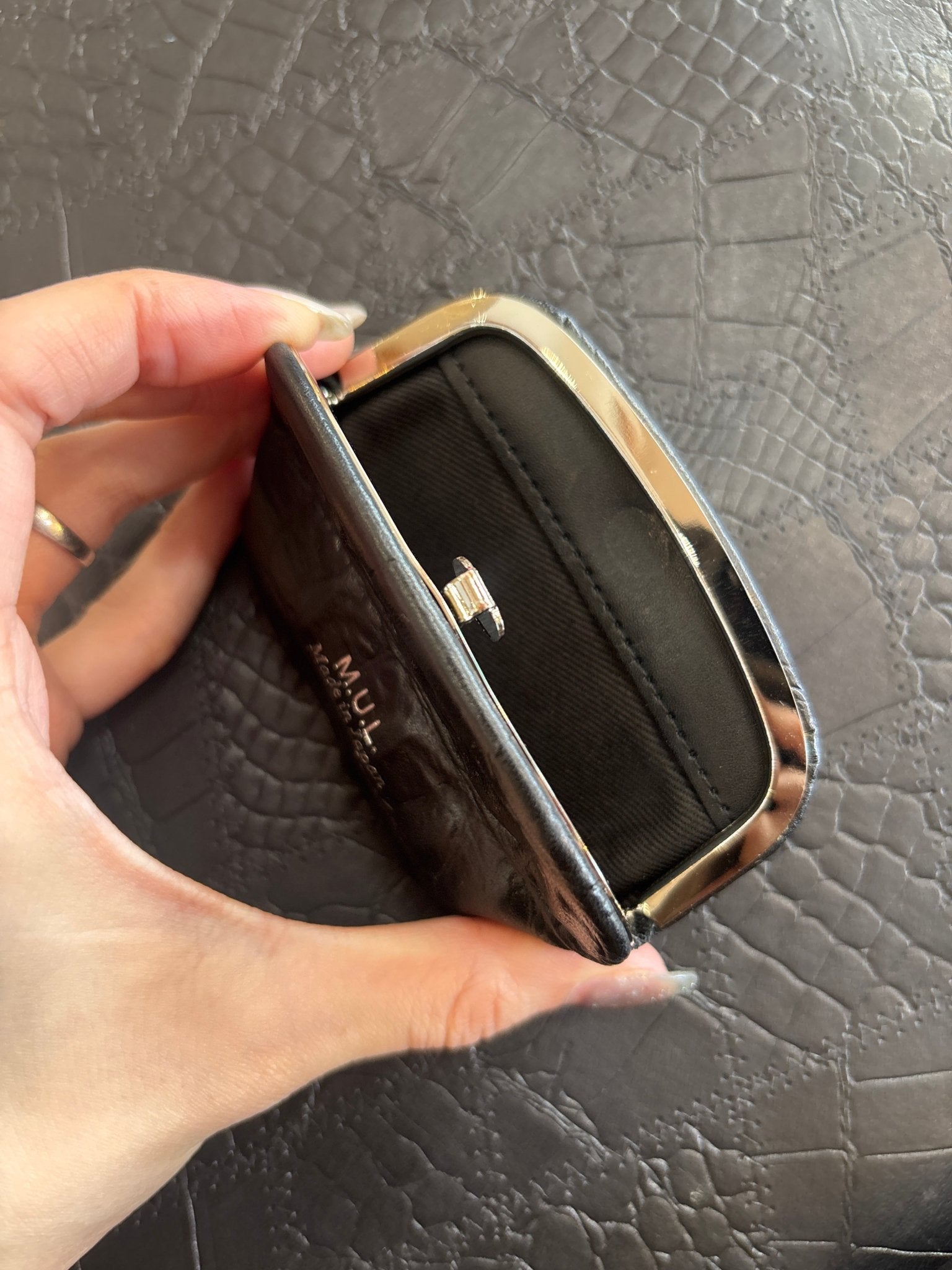 【限定】500.がま口ウォレットセット　ブラック　クラウンクロコダイル型押し　シルバー金具　MUL159 - Champdelarose