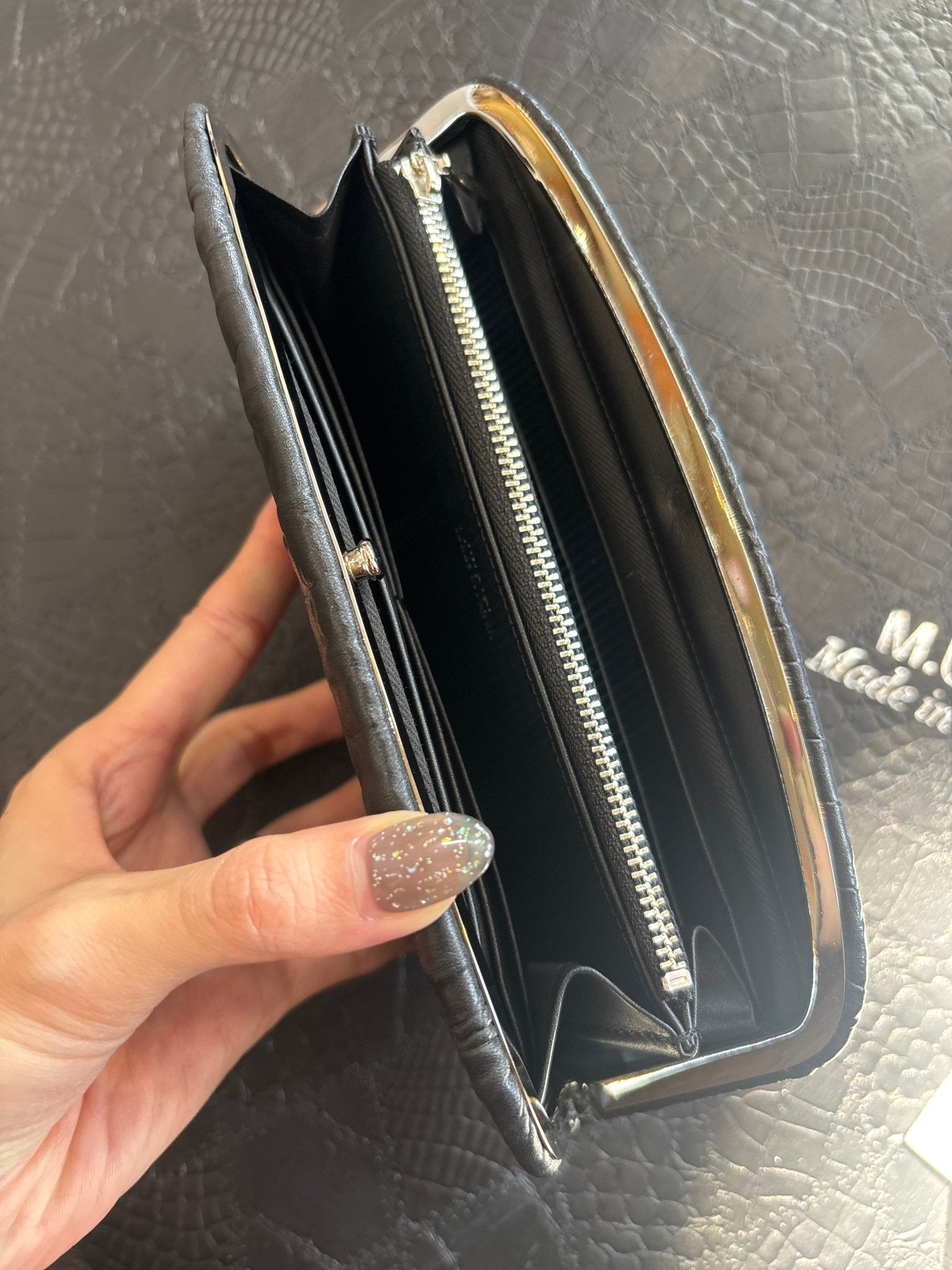 【限定】500.がま口ウォレットセット　ブラック　クラウンクロコダイル型押し　シルバー金具　MUL159 - Champdelarose