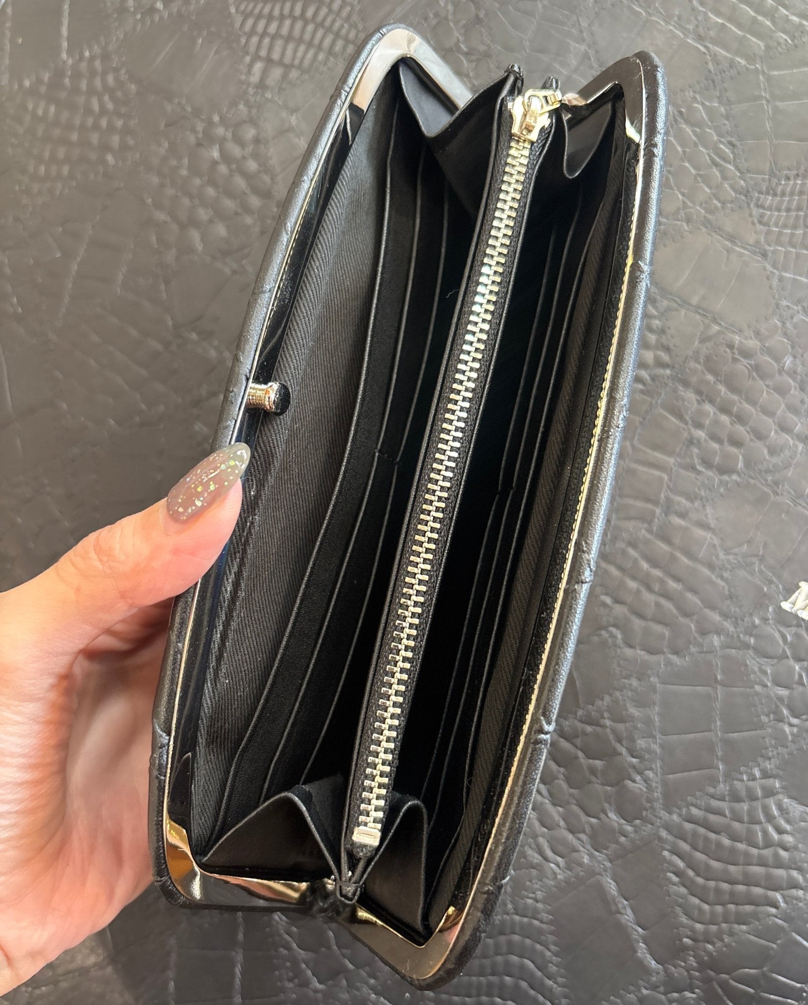 【限定】502.がま口ウォレットセット　ブラック　キルト型押し　シルバー金具　MUL159 - Champdelarose