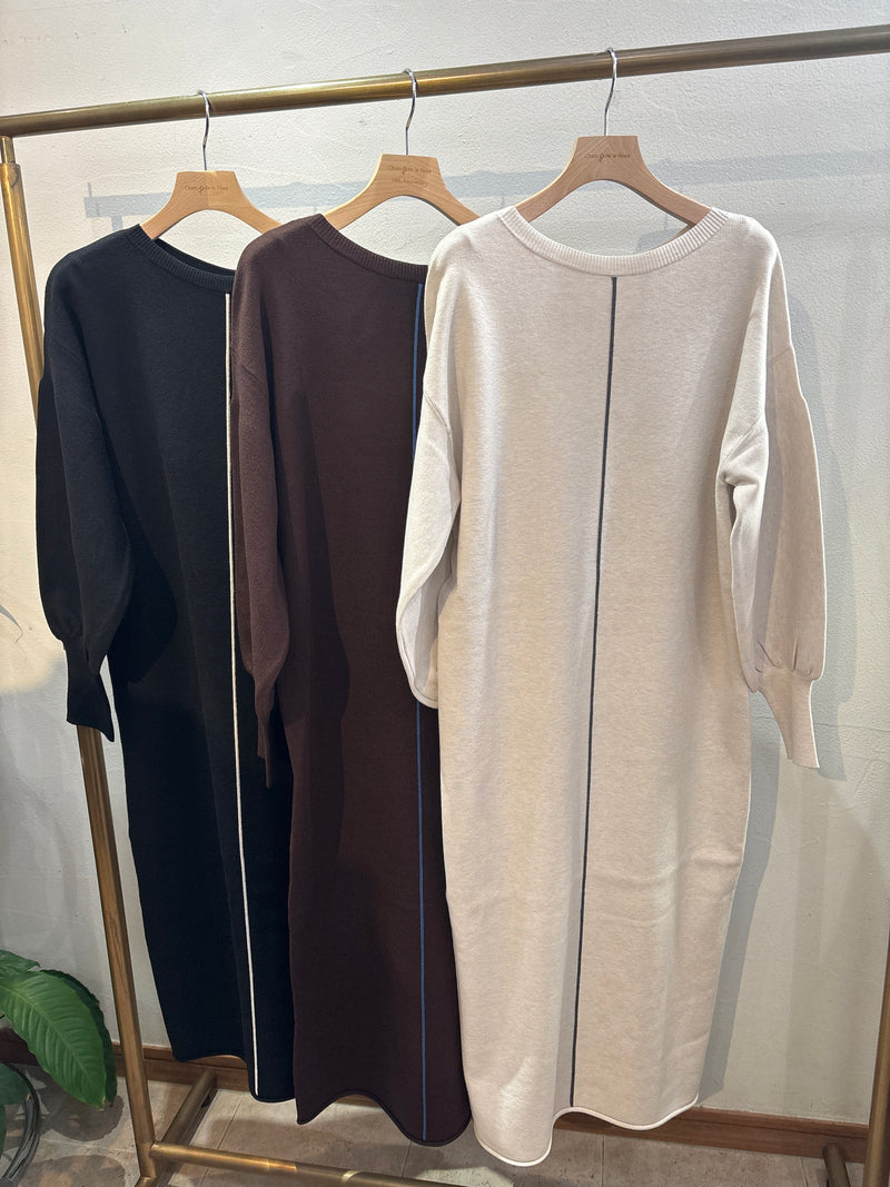 【hunch】やわもちヤーンぽわん袖Vネックワンピ