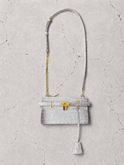 【M.U.L 2026-9】LAYERED WALLET SHOULDER - ホワイトヌバックブラウン汚し加工 クロコダイル型押し