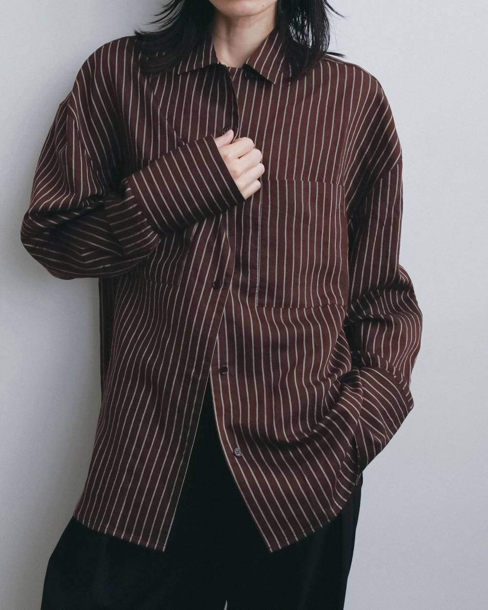 【anuke 2026 winter】Opencollar Stripe Shirts - Champdelarose