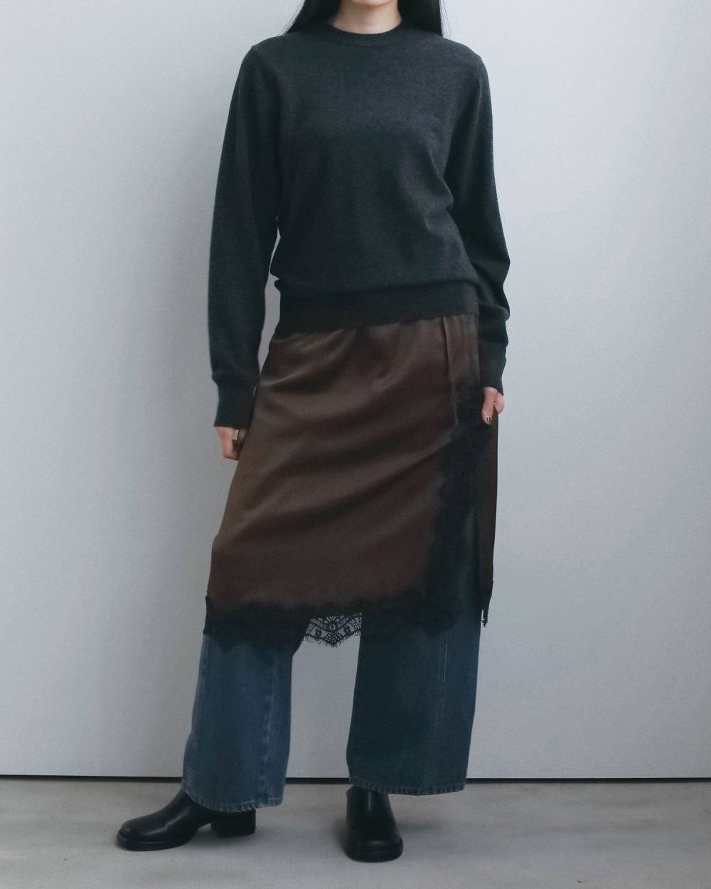 【anuke 2026 winter】Satin Lace Skirt - Champdelarose