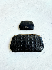 【限定】500.がま口ウォレットセット　ブラック　クラウンクロコダイル型押し　シルバー金具　MUL159