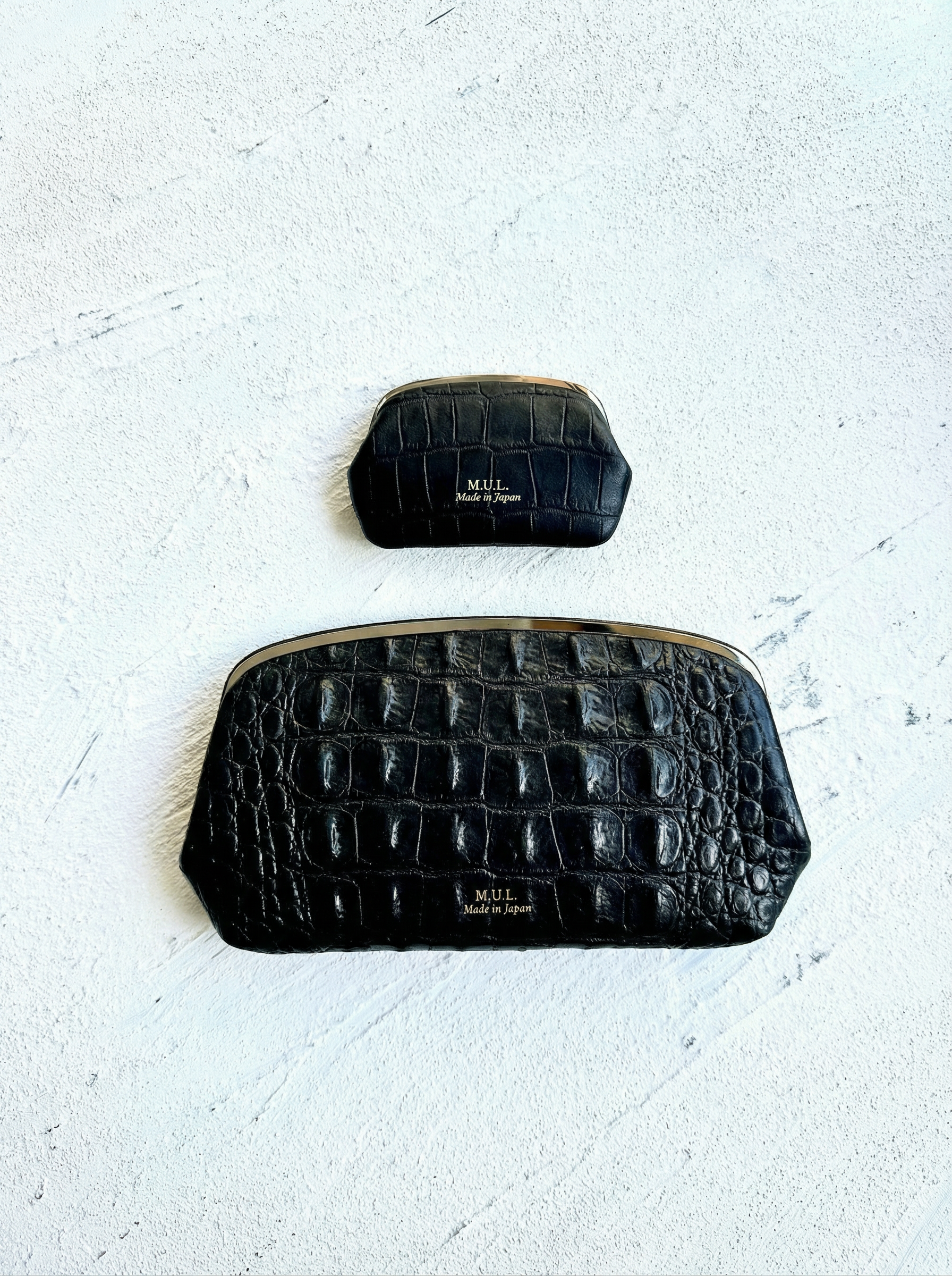 【限定】500.がま口ウォレットセット　ブラック　クラウンクロコダイル型押し　シルバー金具　MUL159