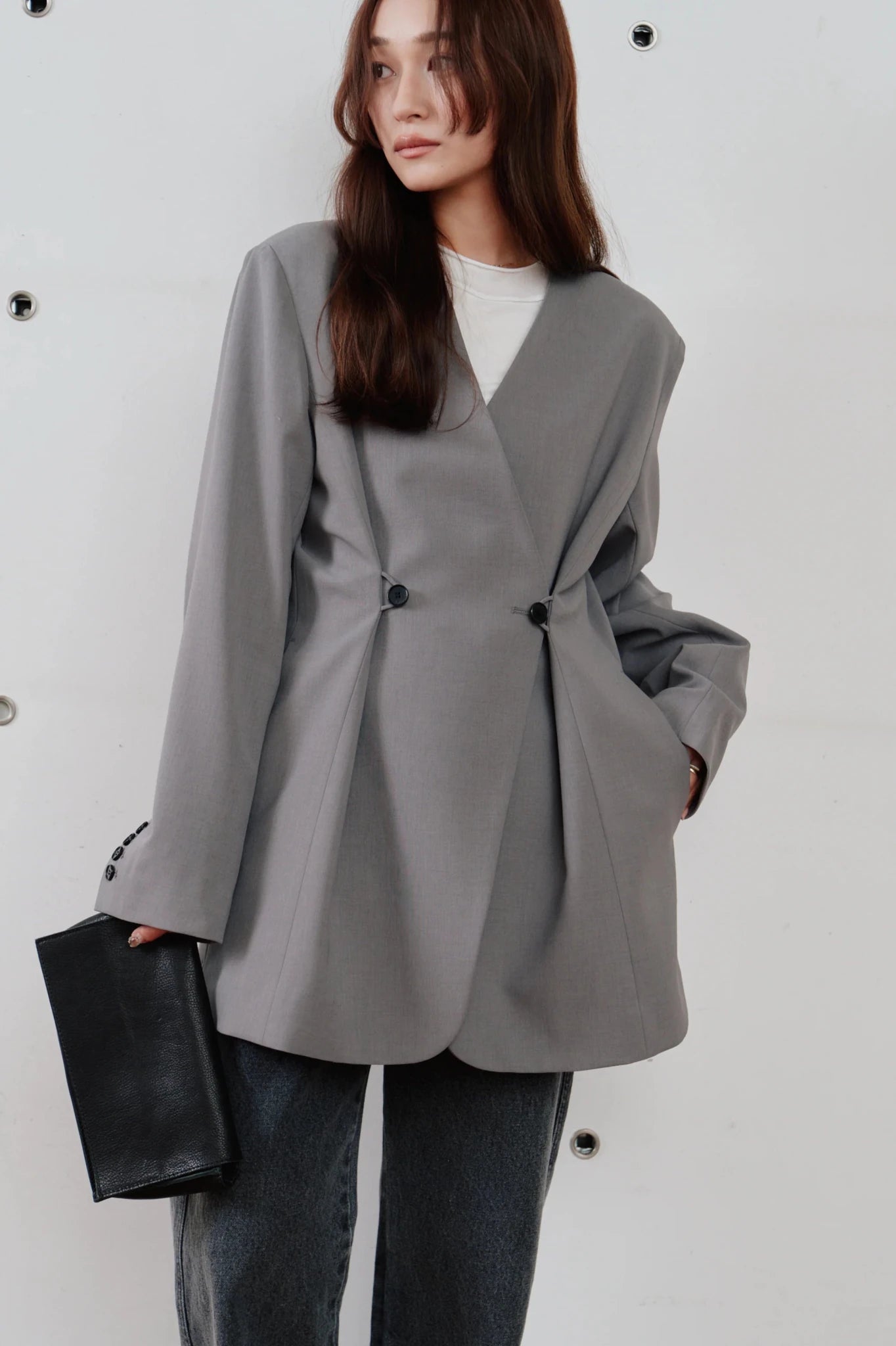 【Hella 2026 SPRING/SUMMER】double button no collar jacket - Champdelarose