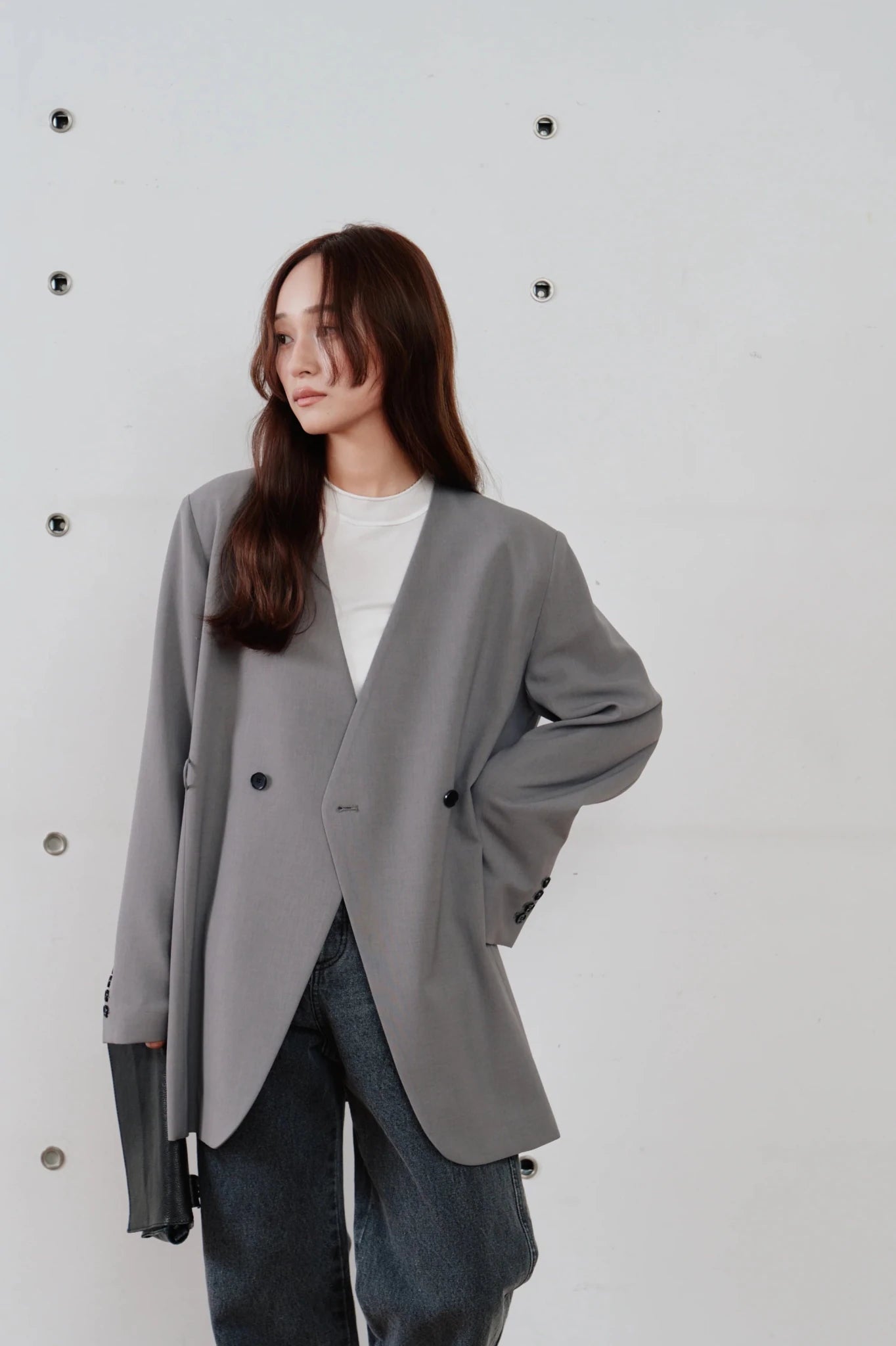 【Hella 2026 SPRING/SUMMER】double button no collar jacket - Champdelarose