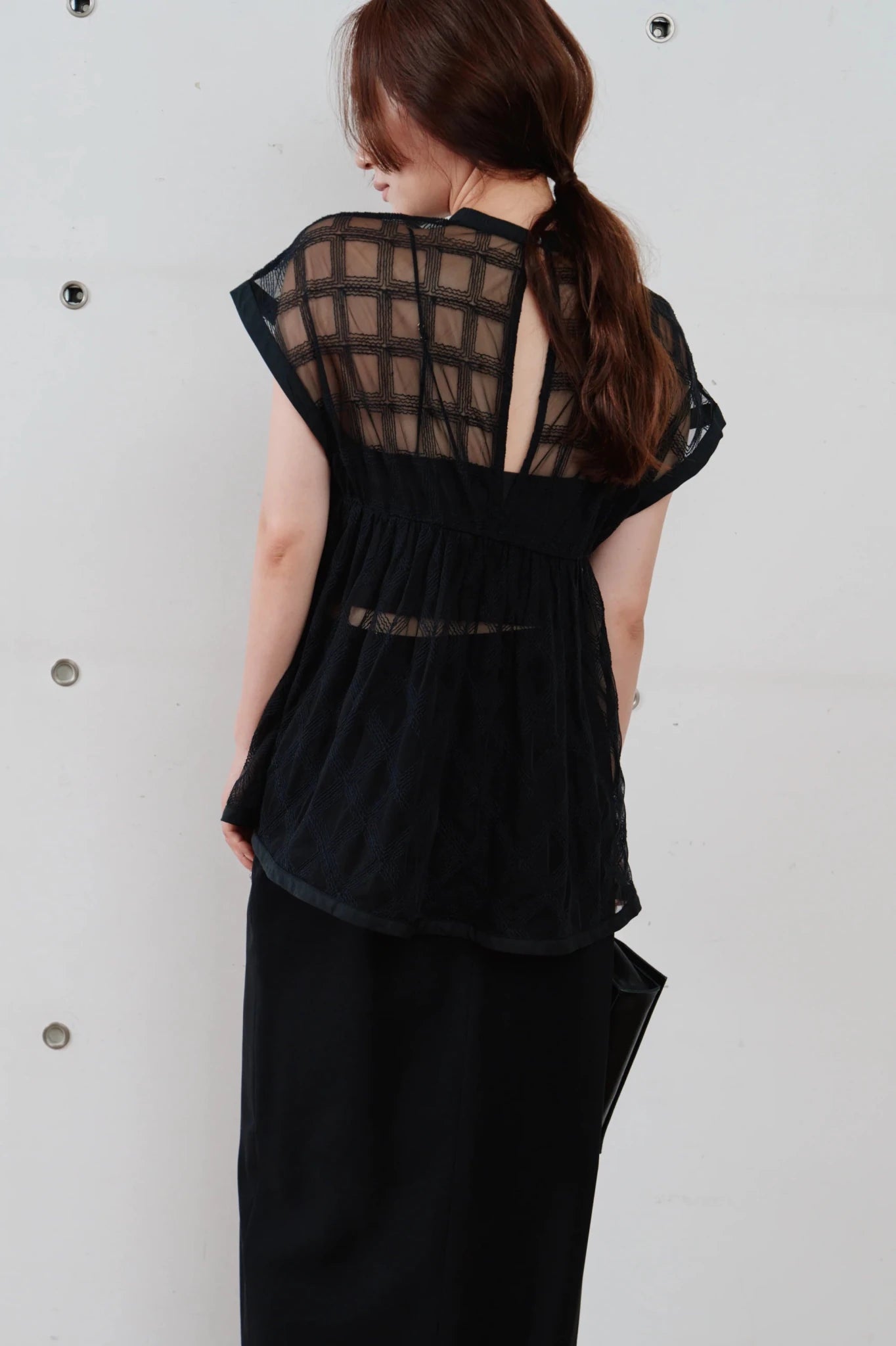 【Hella 2026 SPRING/SUMMER】embroidery check sheer top - Champdelarose