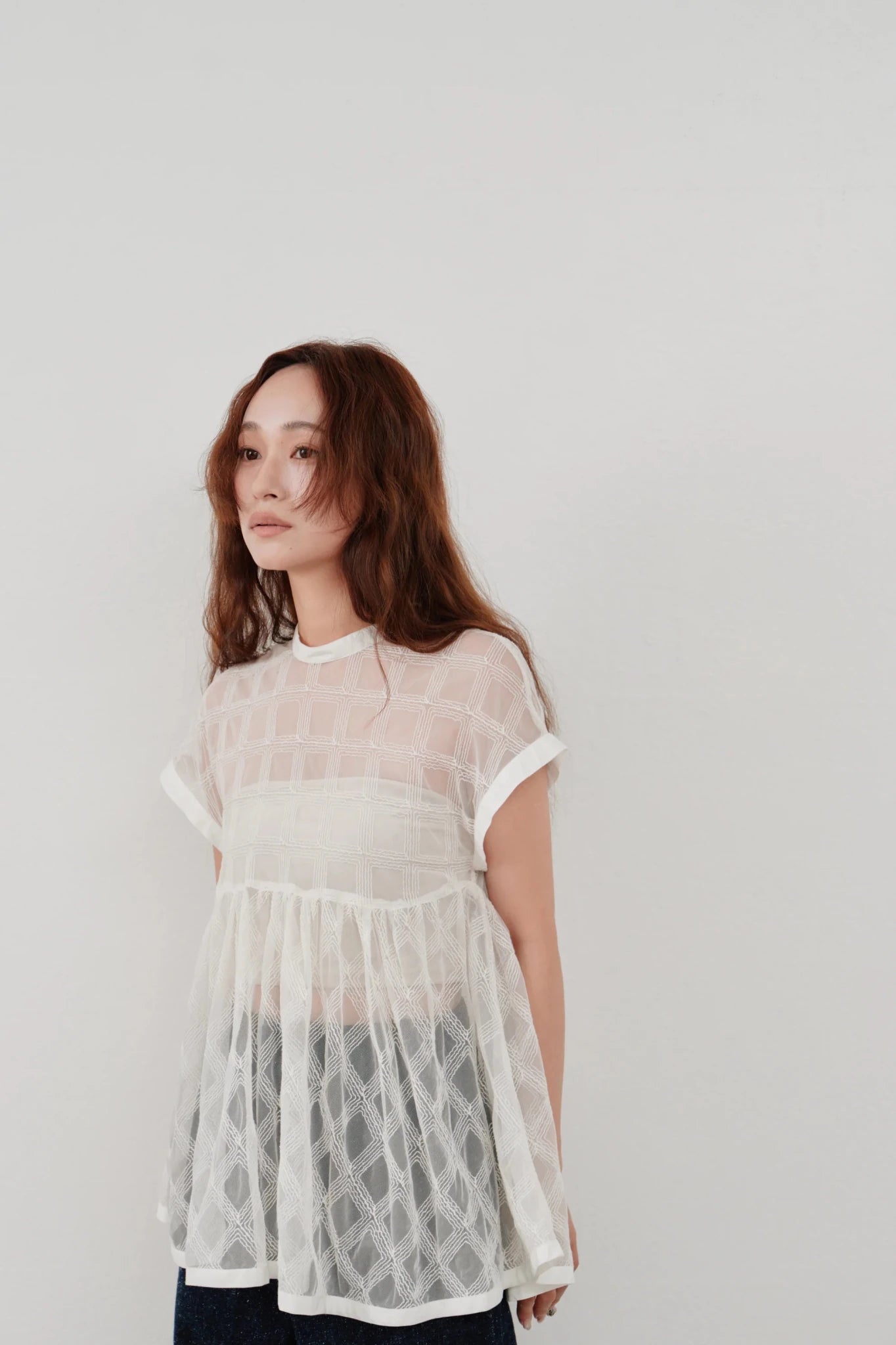 【Hella 2026 SPRING/SUMMER】embroidery check sheer top - Champdelarose