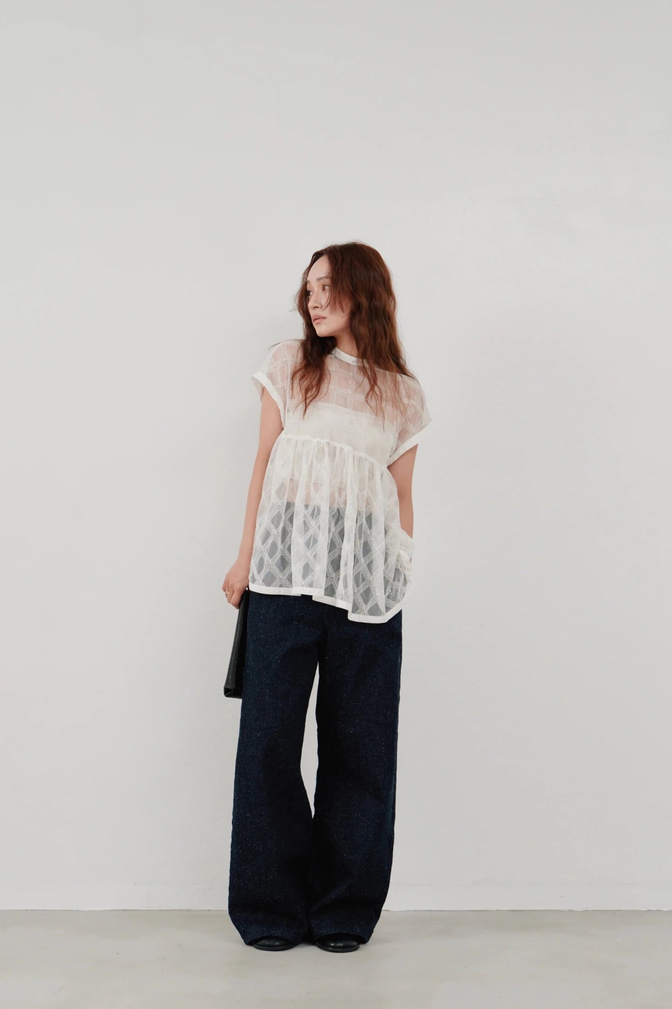 【Hella 2026 SPRING/SUMMER】embroidery check sheer top - Champdelarose