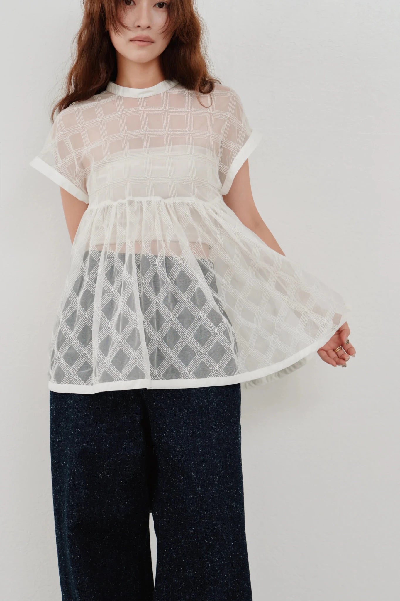 【Hella 2026 SPRING/SUMMER】embroidery check sheer top - Champdelarose