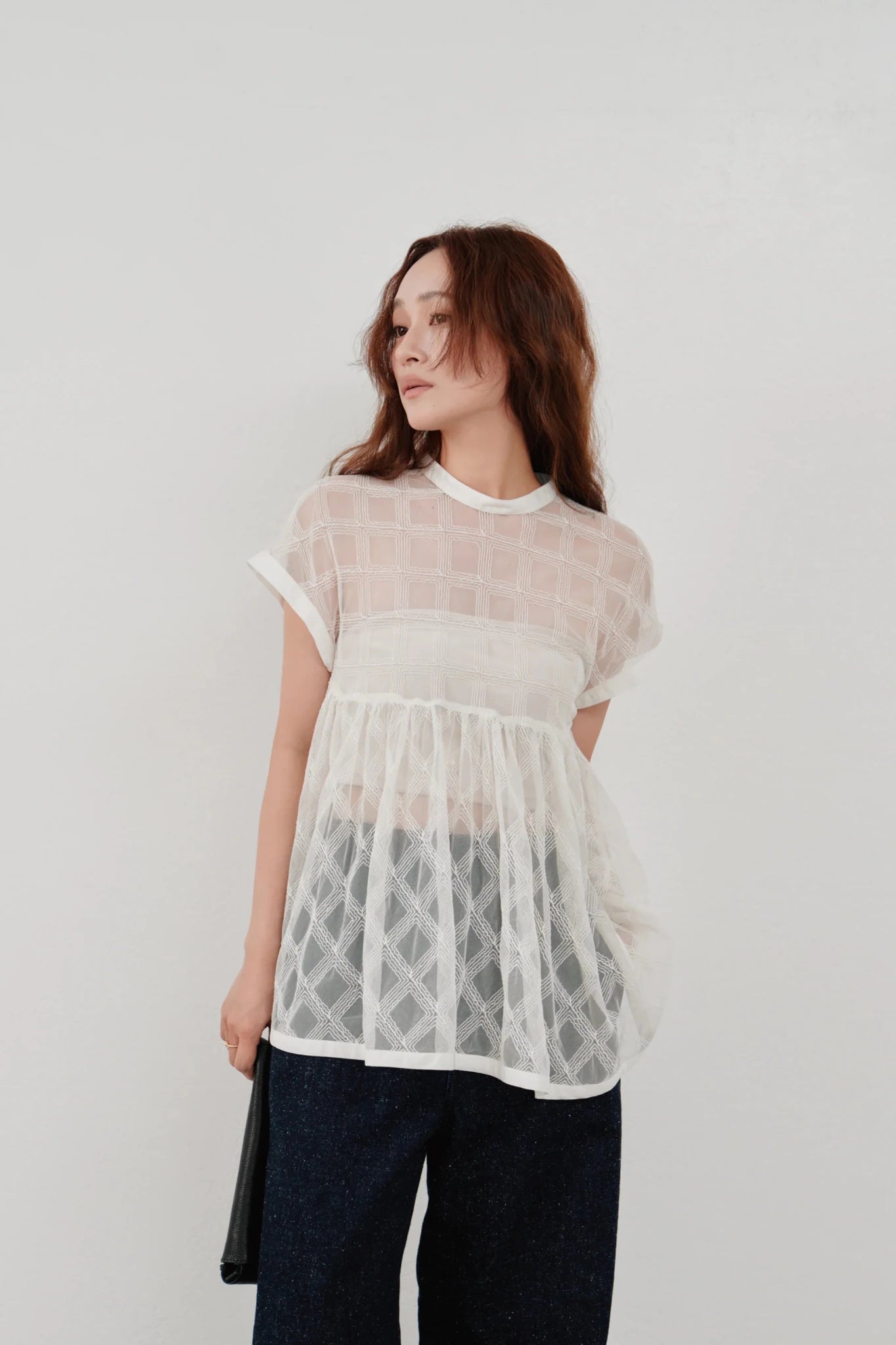 【Hella 2026 SPRING/SUMMER】embroidery check sheer top - Champdelarose