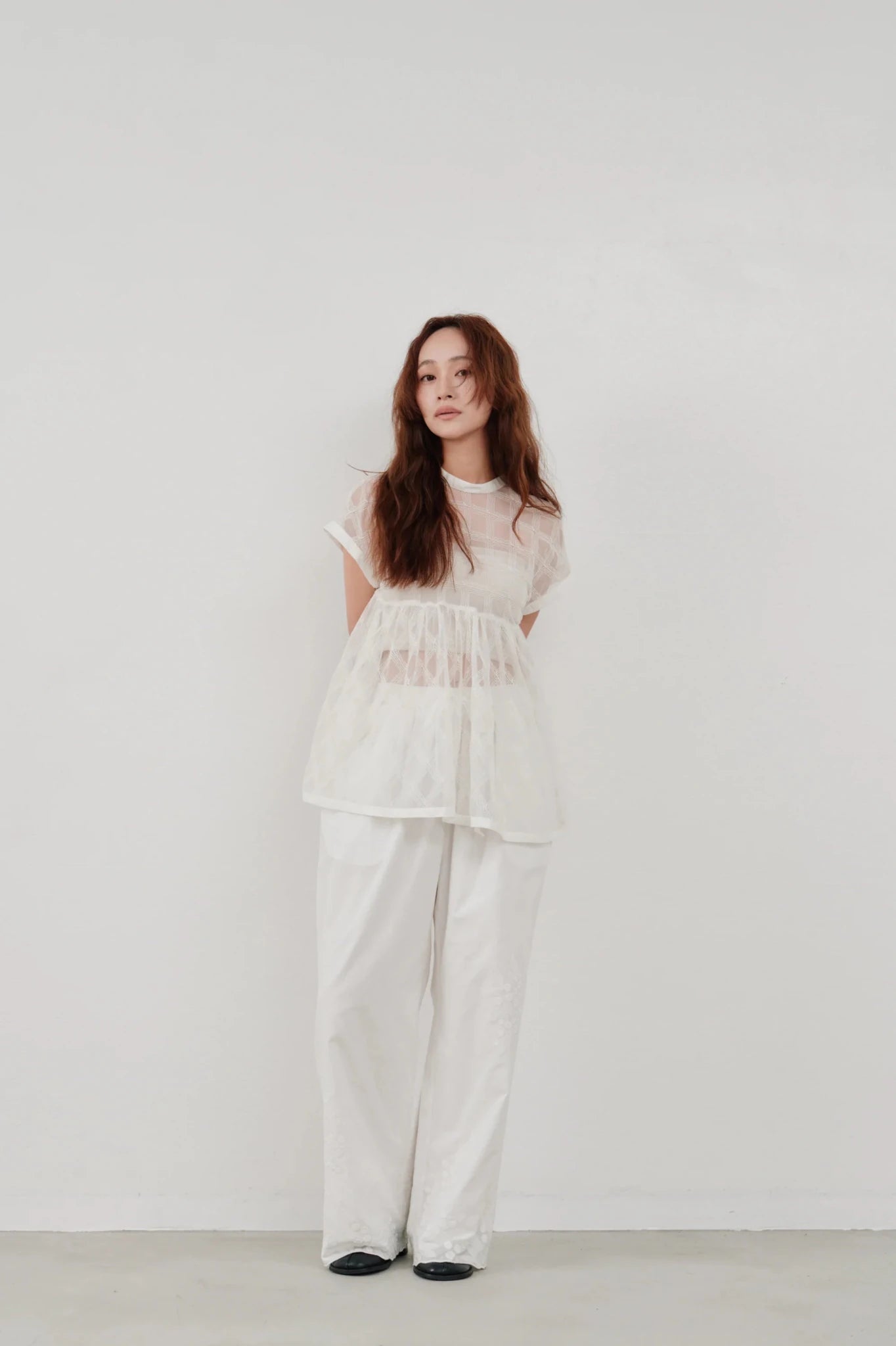 【Hella 2026 SPRING/SUMMER】embroidery check sheer top - Champdelarose