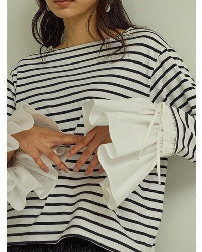 【Mewl ReSTOCK】シャツスリーブボーダーTOPS - Champdelarose