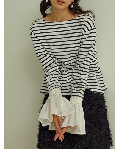 【Mewl ReSTOCK】シャツスリーブボーダーTOPS - Champdelarose