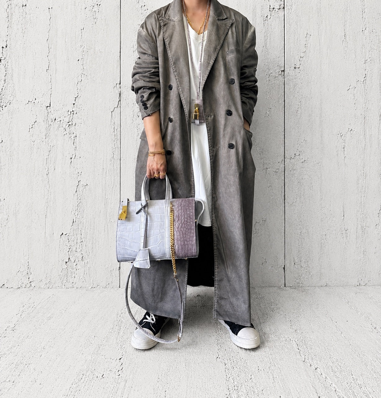 【M.U.L 2026-9】BOSTON BAG S - ホワイトヌバックブラウン汚し加工 クロコダイル型押し - Champdelarose