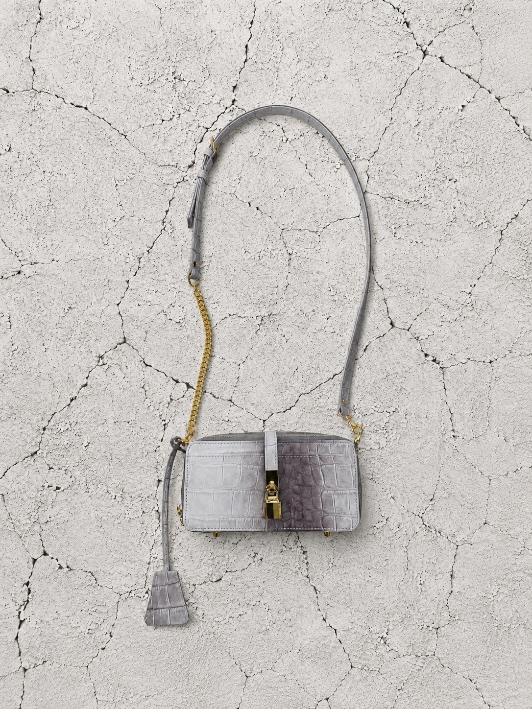 【M.U.L 2026-9】BOX WALLET SHOULDER - ホワイトヌバックブラウン汚し加工 クロコダイル型押し - Champdelarose