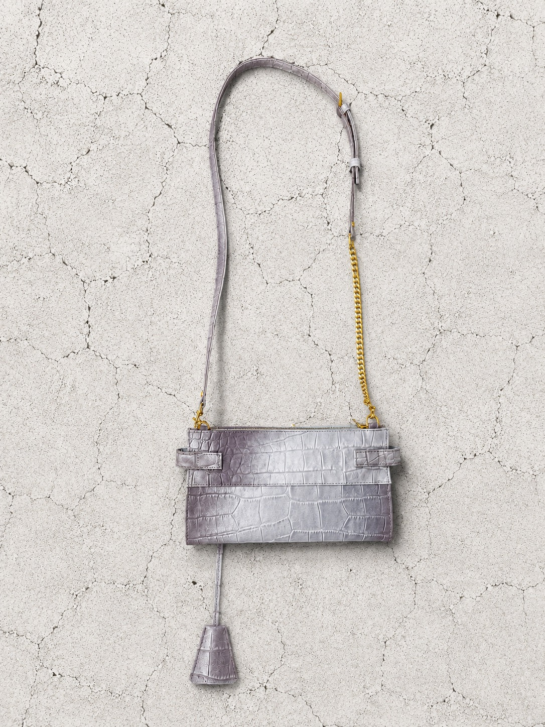 【M.U.L 2026-9】LAYERED WALLET SHOULDER - ホワイトヌバックブラウン汚し加工 クロコダイル型押し - Champdelarose