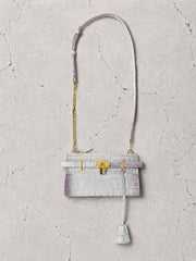 【M.U.L 2026-9】LAYERED WALLET SHOULDER - ホワイトヌバックブラウン汚し加工 クロコダイル型押し - Champdelarose