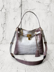 【M.U.L 2026-9】ONE HANDLE 2WAY TOTE M - ホワイトヌバックブラウン汚し加工 クロコダイル型押し - Champdelarose