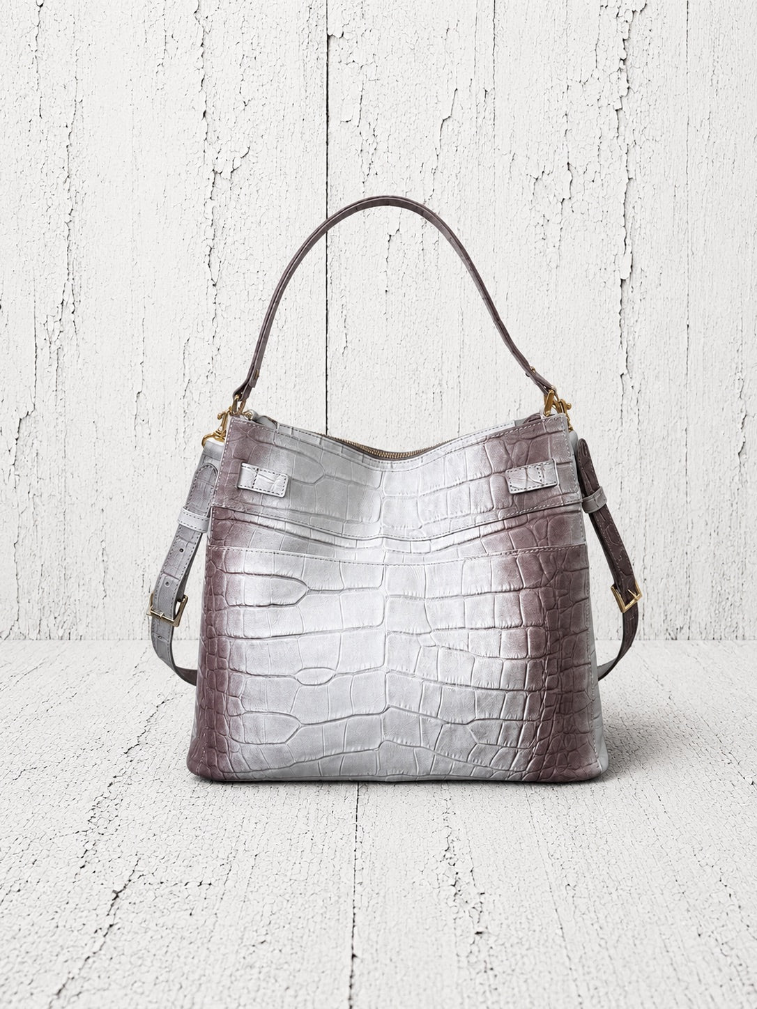 【M.U.L 2026-9】ONE HANDLE 2WAY TOTE M - ホワイトヌバックブラウン汚し加工 クロコダイル型押し - Champdelarose