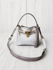 【M.U.L 2026-9】ONE HANDLE 2WAY TOTE S - ホワイトヌバックブラウン汚し加工 クロコダイル型押し - Champdelarose