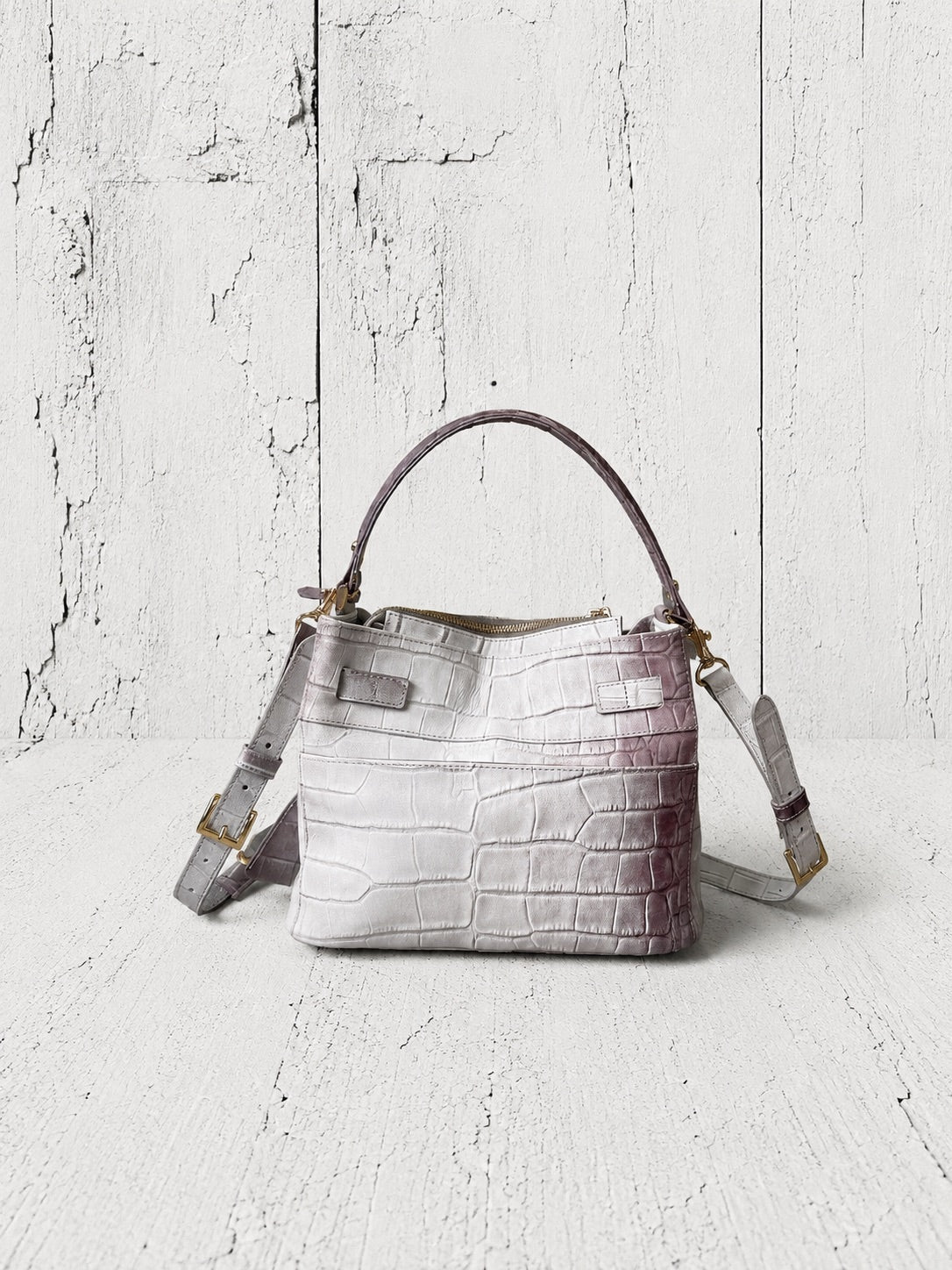 【M.U.L 2026-9】ONE HANDLE 2WAY TOTE S - ホワイトヌバックブラウン汚し加工 クロコダイル型押し - Champdelarose