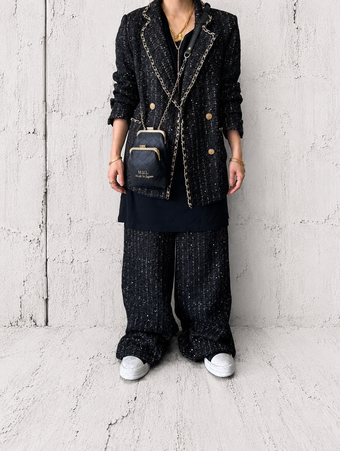 【M.U.L GAMAGUCHI】GAMAGUCHI DOUBLE SHOULDER - Black キルティング型押し - Champdelarose