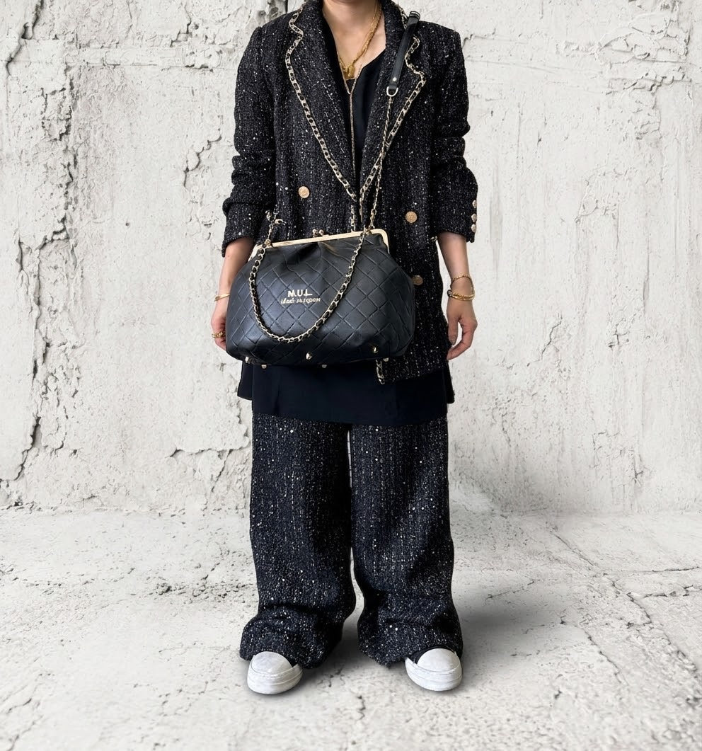 【M.U.L GAMAGUCHI】GAMAGUCHI GATHER 2WAY SHOULDER - Black キルティング型押し - Champdelarose