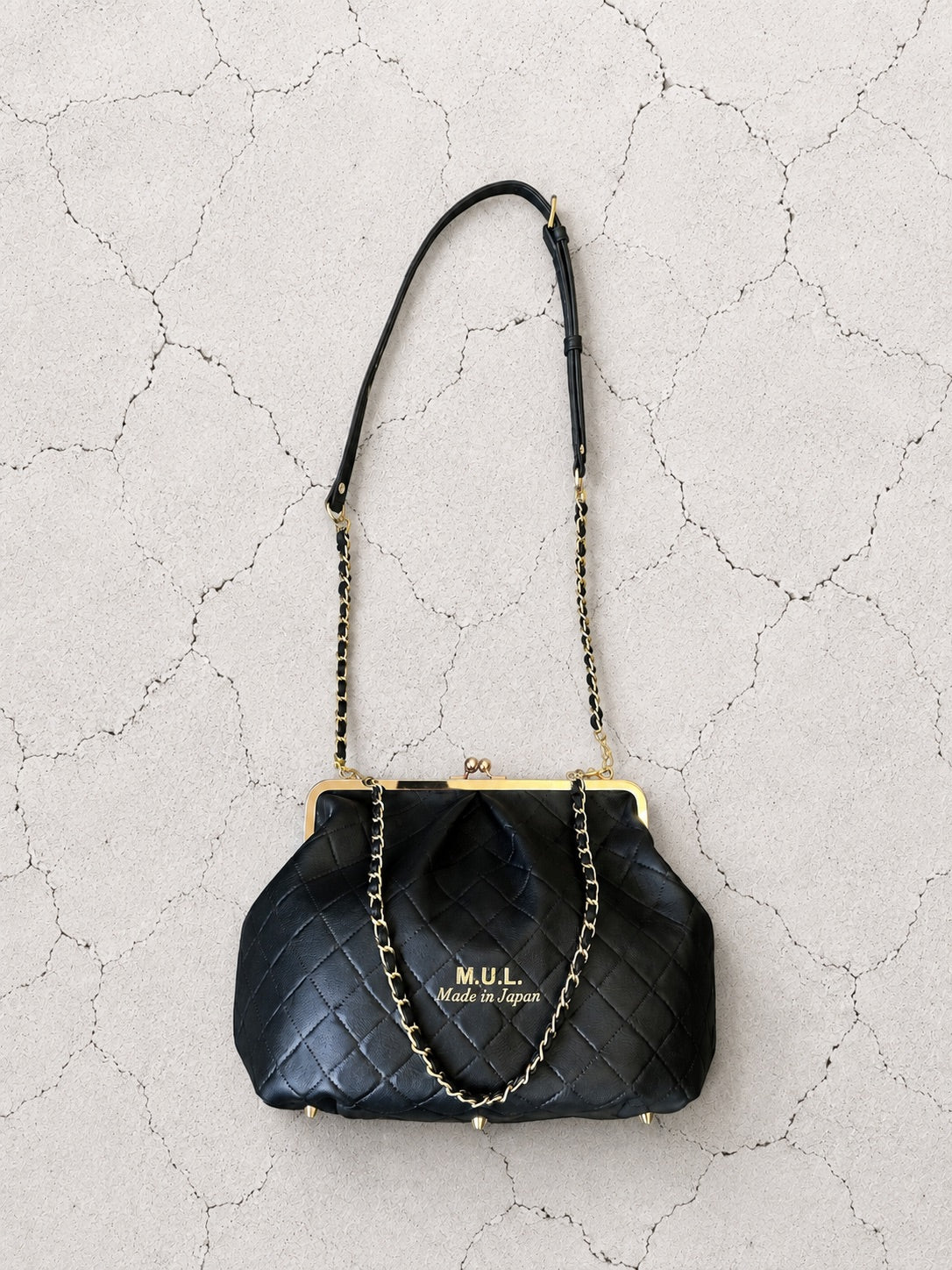 【M.U.L GAMAGUCHI】GAMAGUCHI GATHER 2WAY SHOULDER - Black キルティング型押し - Champdelarose