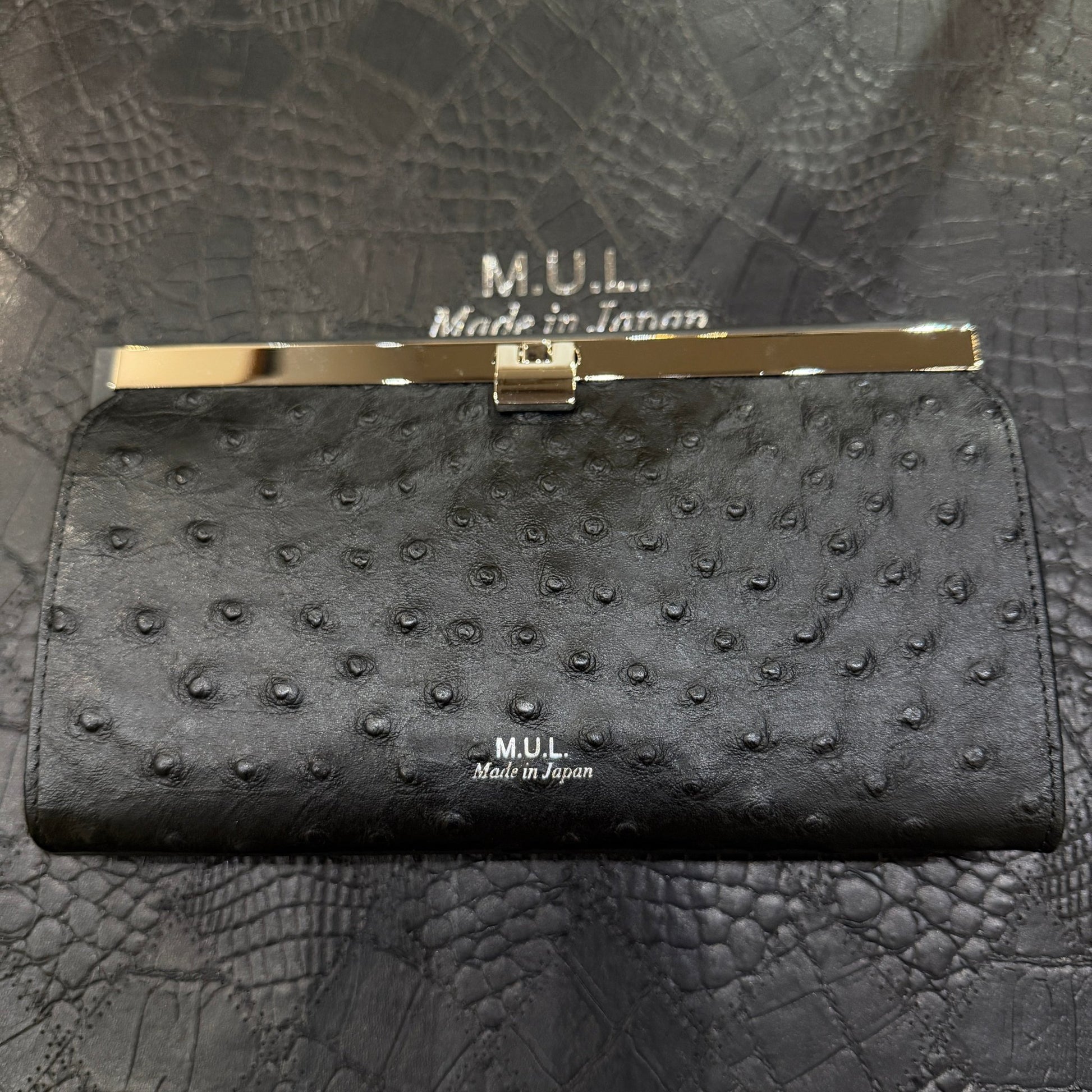 【M.U.L.】クロスバーロングウォレット　ブラック　オーストリッチ型押し　シルバー金具　MUL161 - Champdelarose