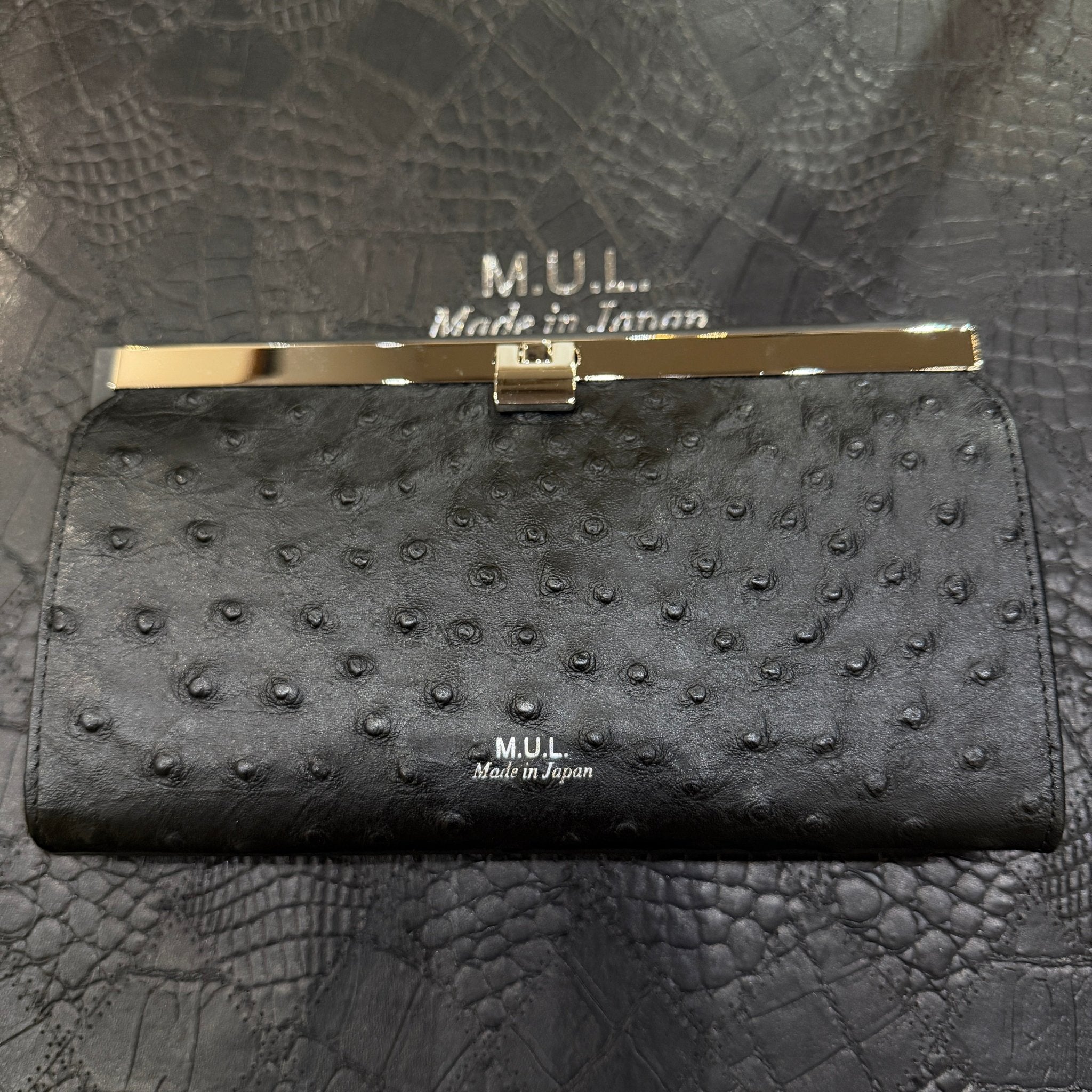 【M.U.L.】クロスバーロングウォレット　ブラック　オーストリッチ型押し　シルバー金具　MUL161 - Champdelarose