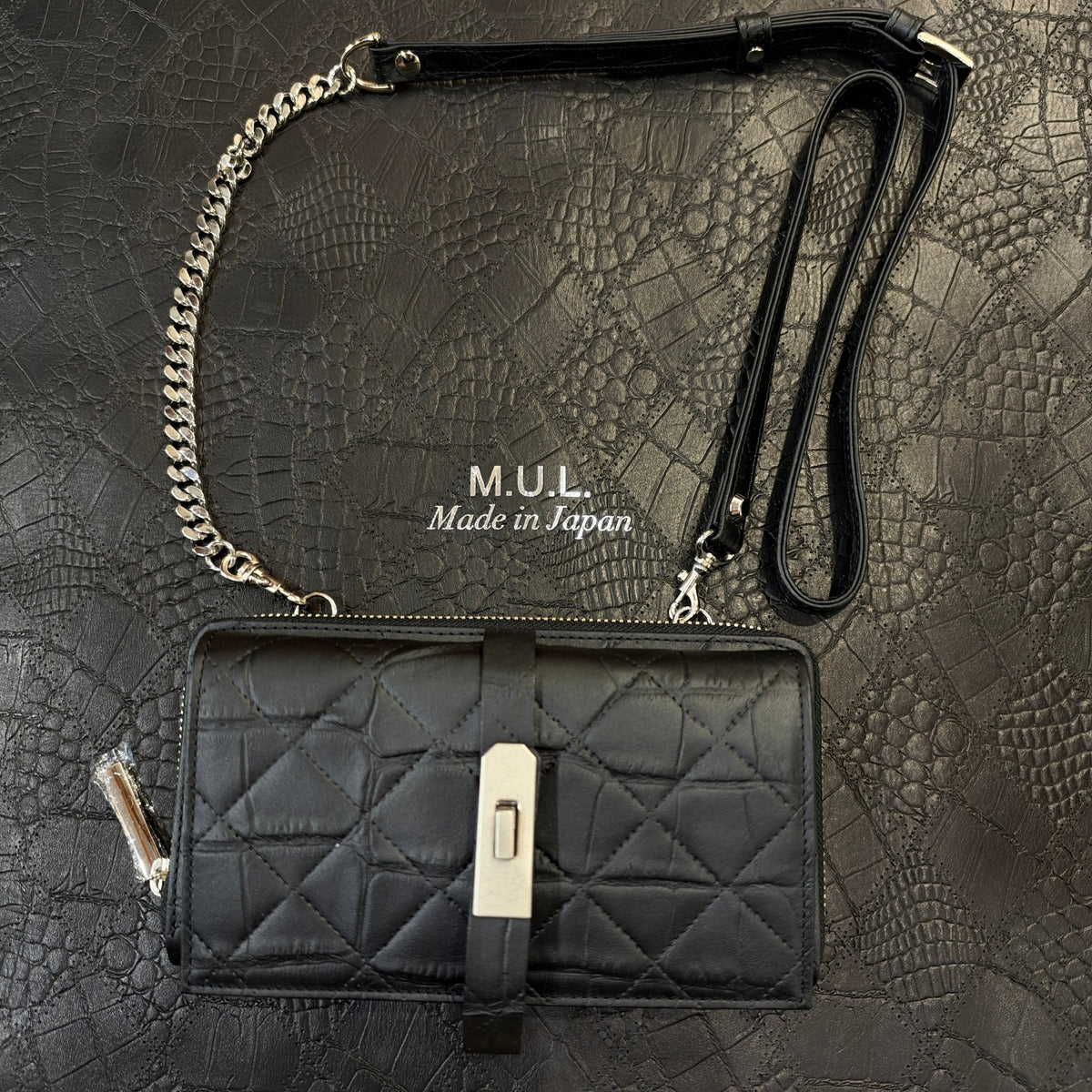 【M.U.L 】WALLET CHAIN SHOULDER - Black キルティング×クロコ型押し - Champdelarose